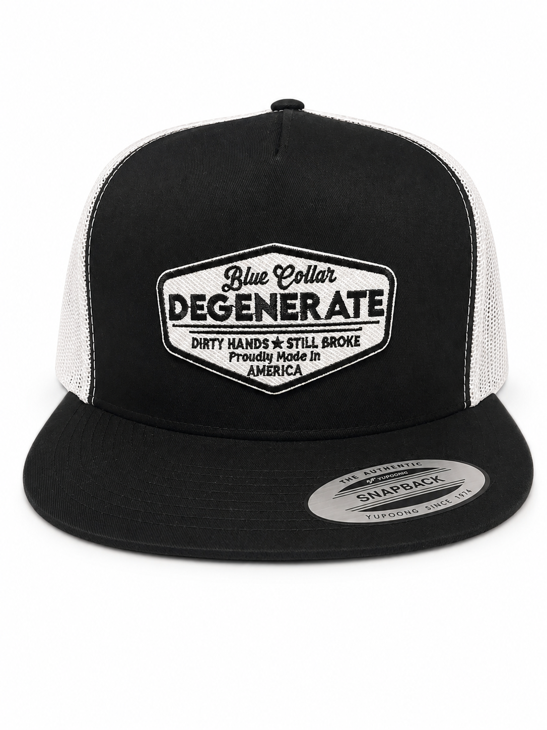 Black face white back blue collar degenerate hat